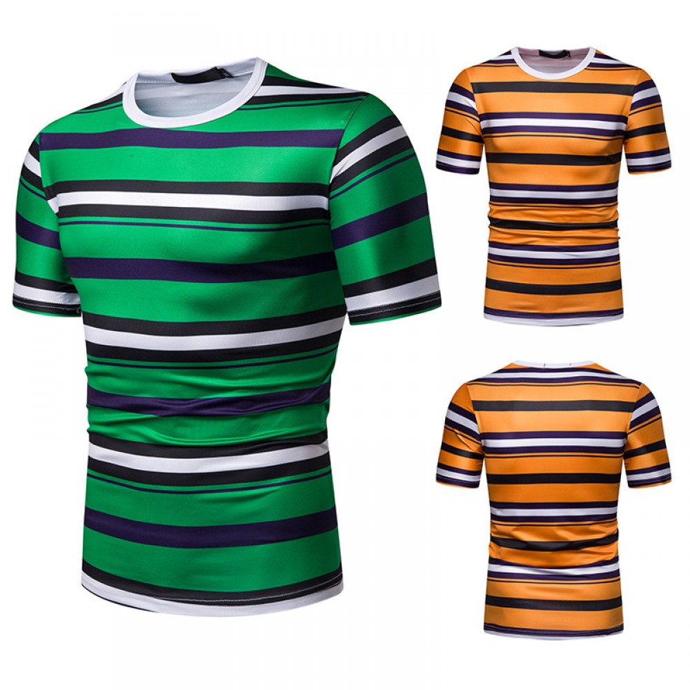 New Summer Men's Short-Sleeved T-Shirt Contrast Striped Slim-Fit T-Shirt